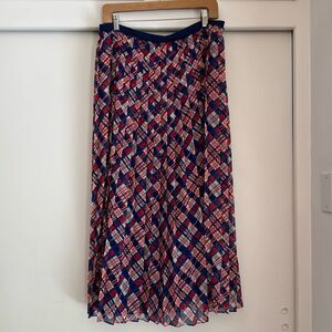 LK Bennett Avery Navy Red Plaid Printed Pleated Midi Skirt Size 12